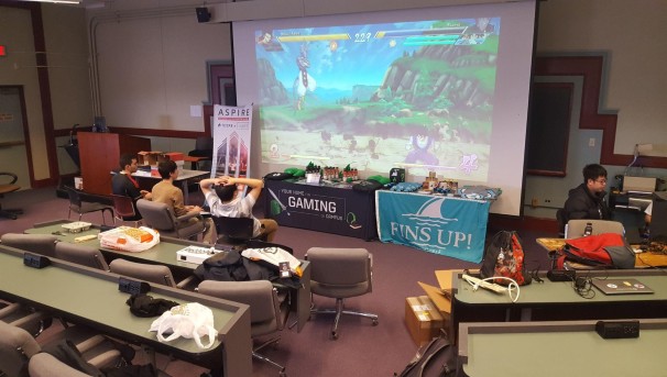 Students playing games on a big screen