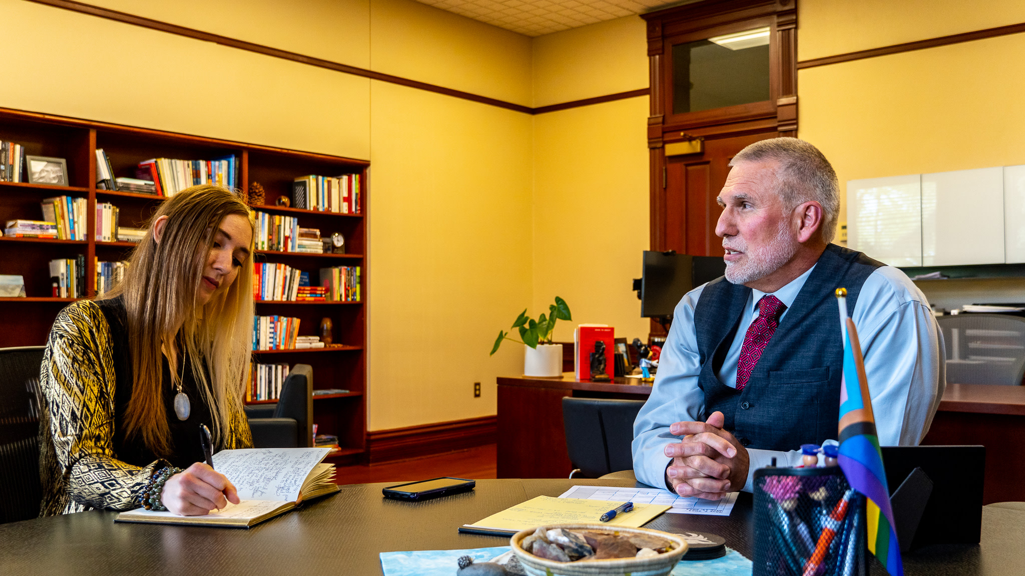 Student, Katherine Camarata, interviews President Wohlpart.