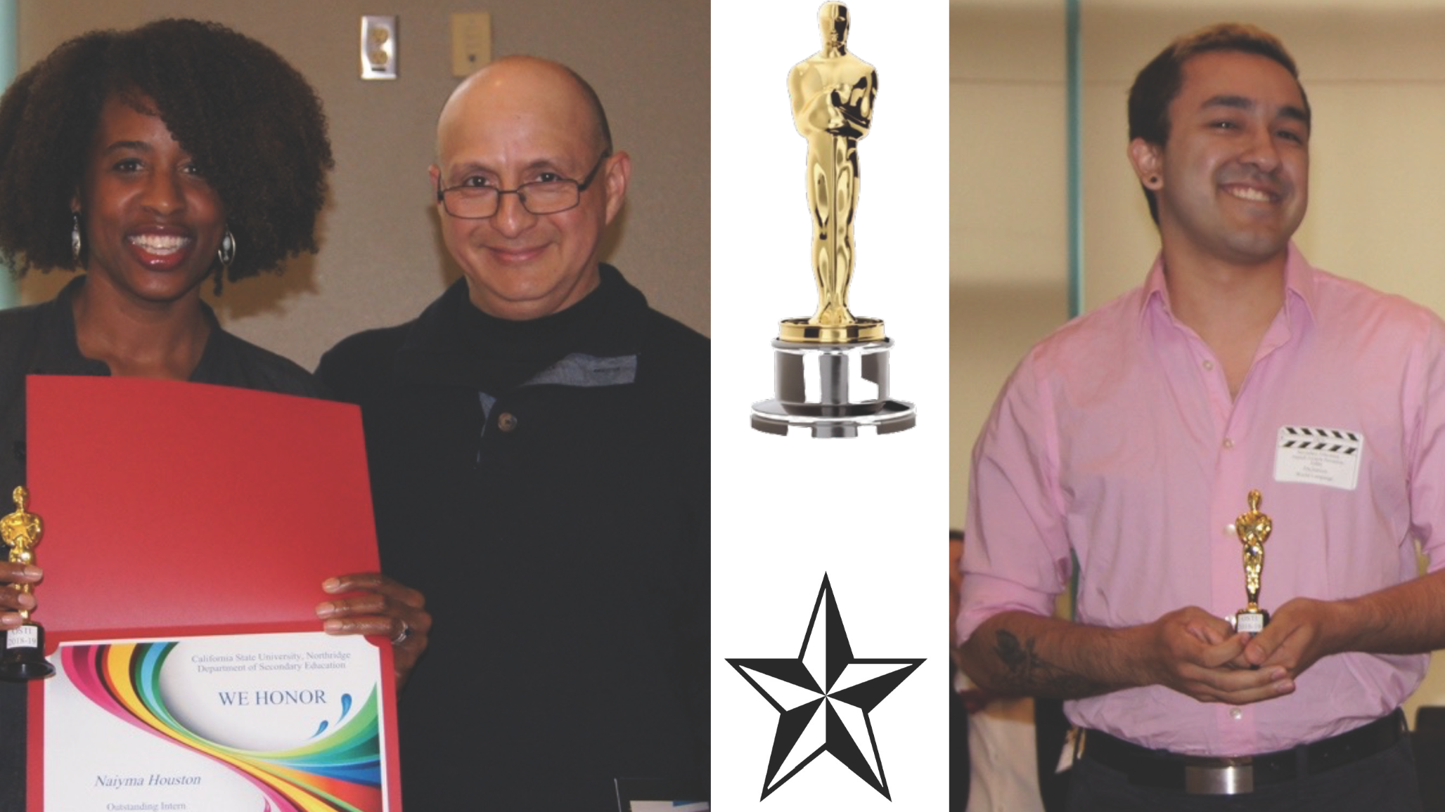 CSUN Secondary Education award recipients hold certificates and small gold trophies at ceremony.