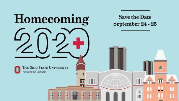 The 2020 Homecoming infographic and save the date, hosted by the College of Nursing