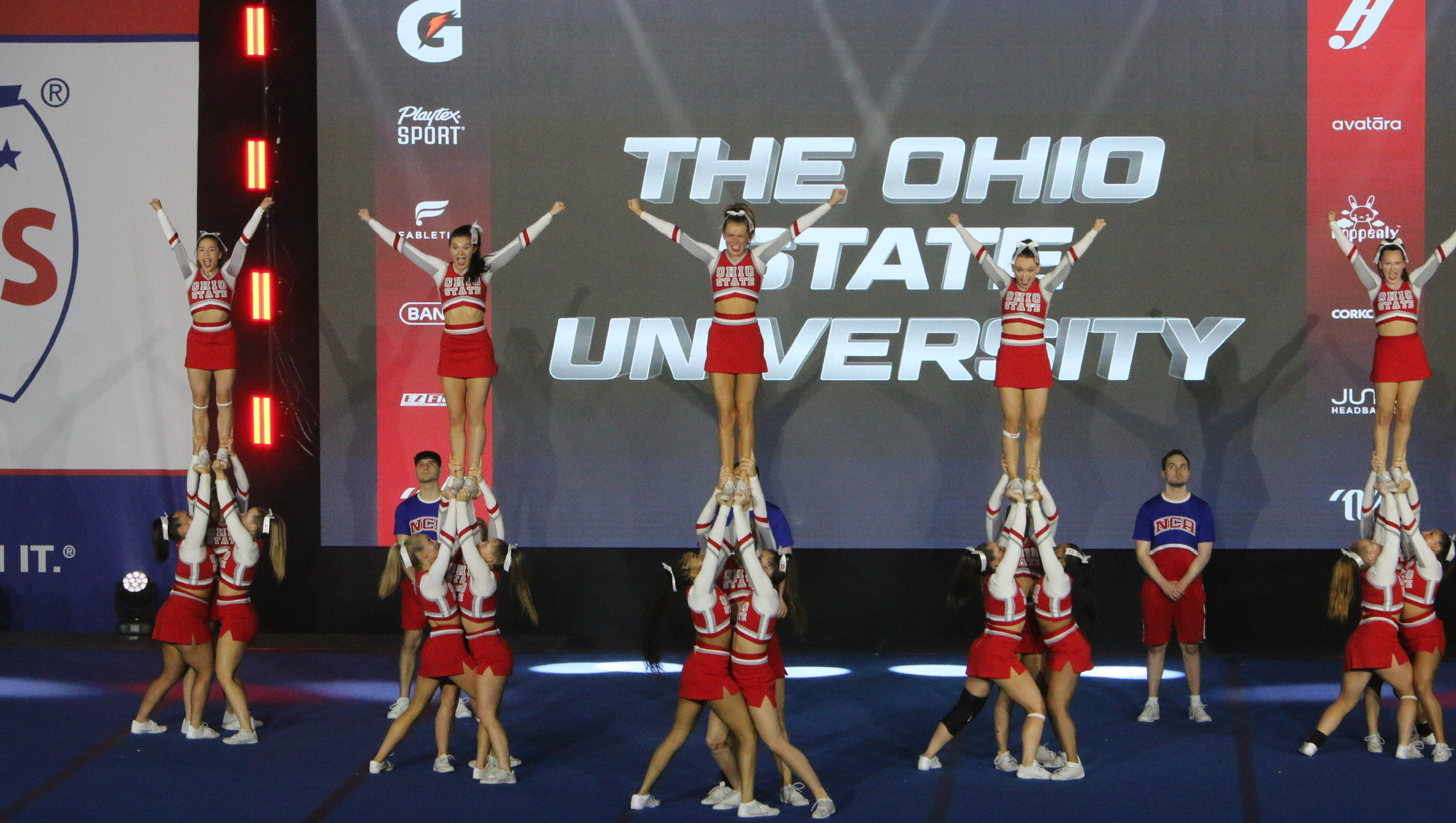 Group photo of the all-womens cheer team at Ohio State