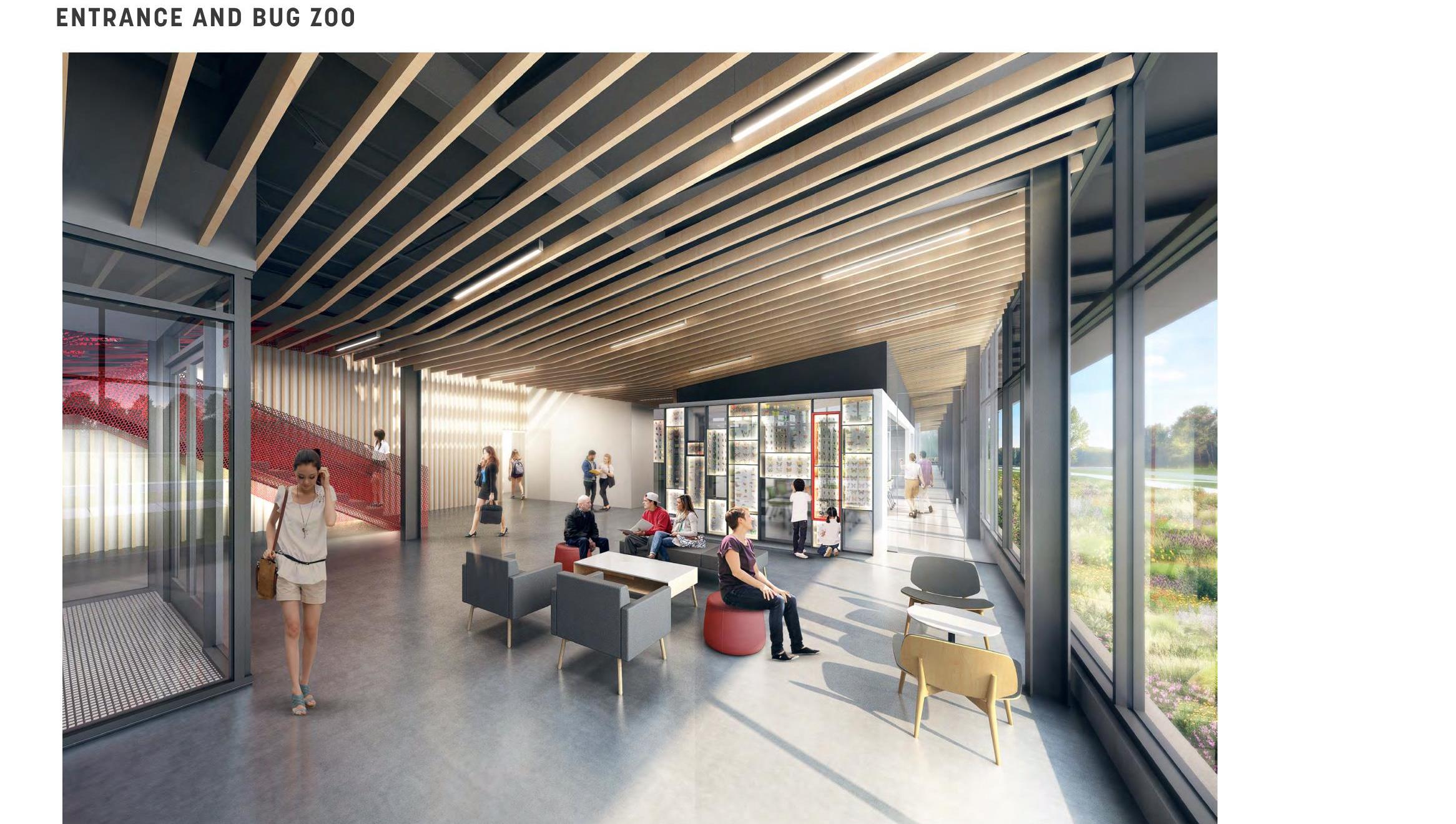 Architect rendering of new Science building entrance and Bug Zoo