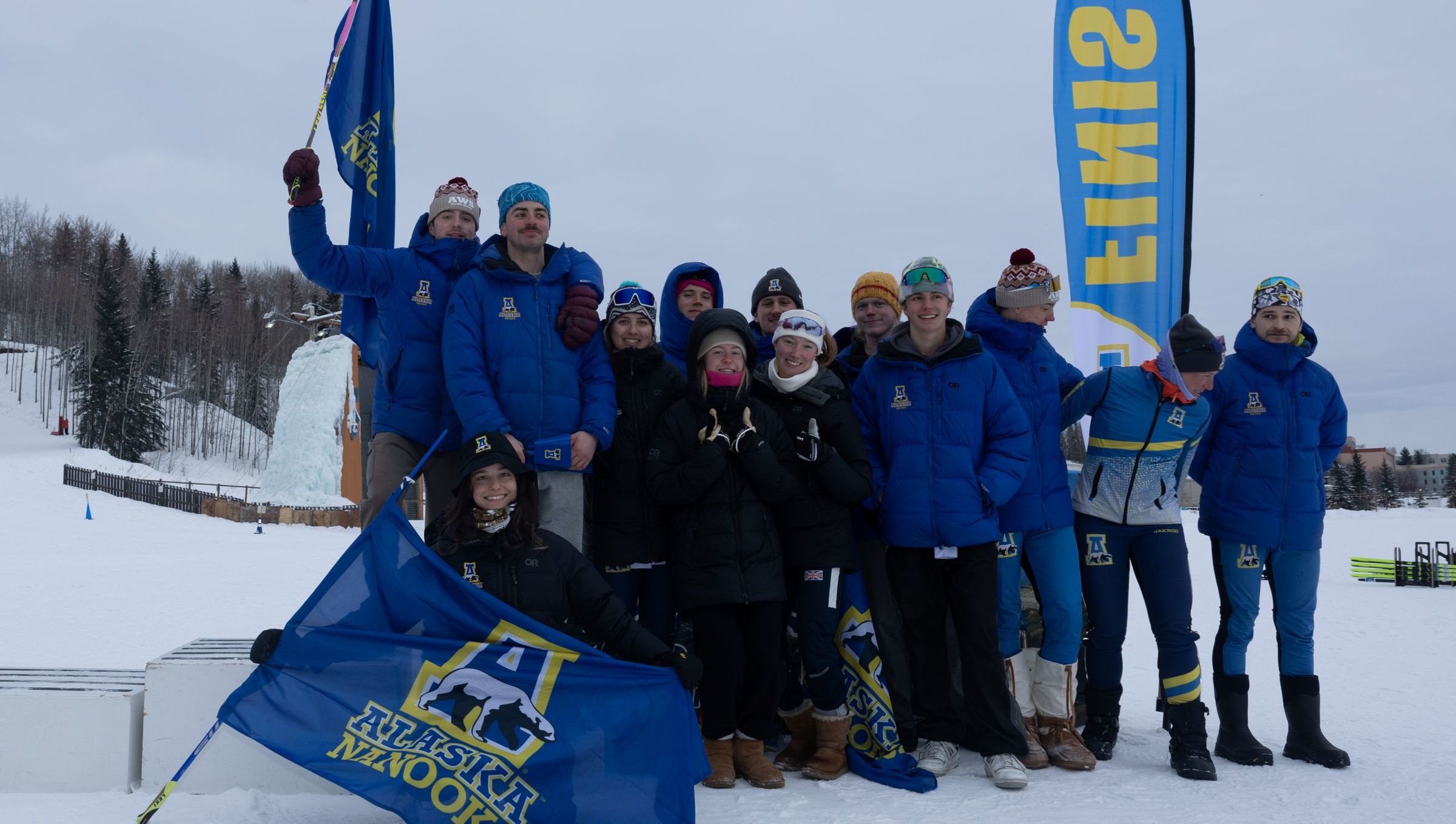 Nanooks ski team positing on the podium after finishing 3rd in the 2025 UAF Invite.