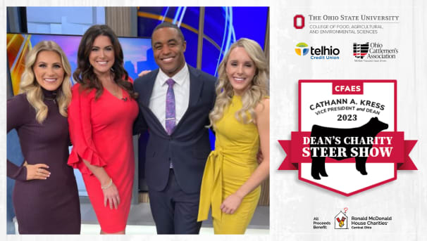 Four individuals standing in a news room studio with the 2023 Steer Show's logo to their right