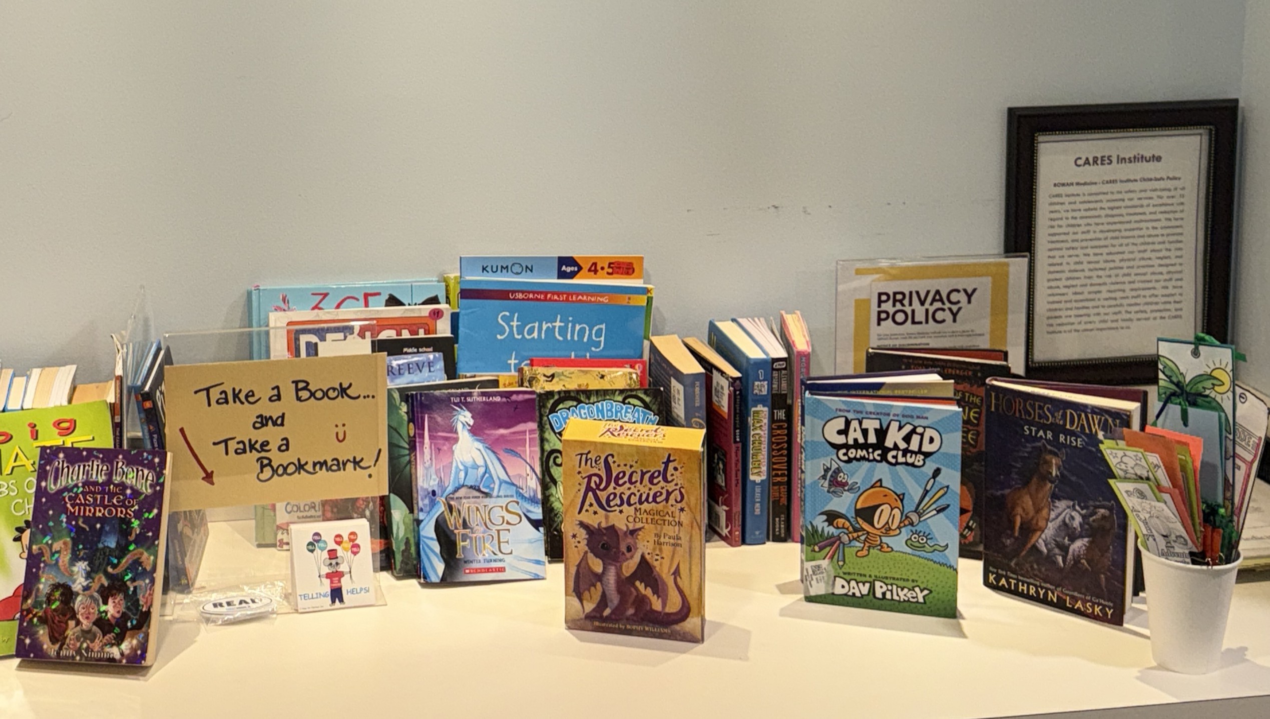 A table of teen-level soft cover and hard cover books and a stack of bookmarks.