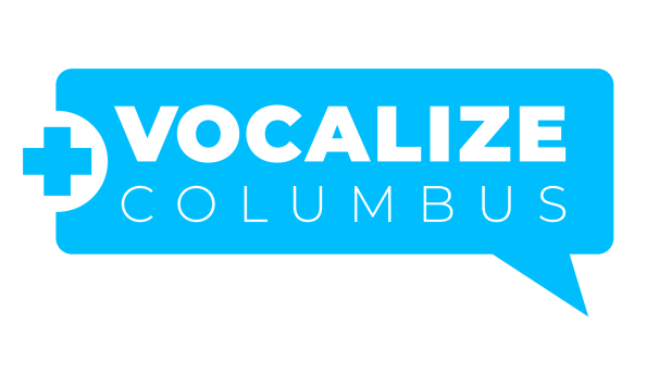 Vocalize Columbus's logo: a blue speech bubble with a blue plus sign to its left