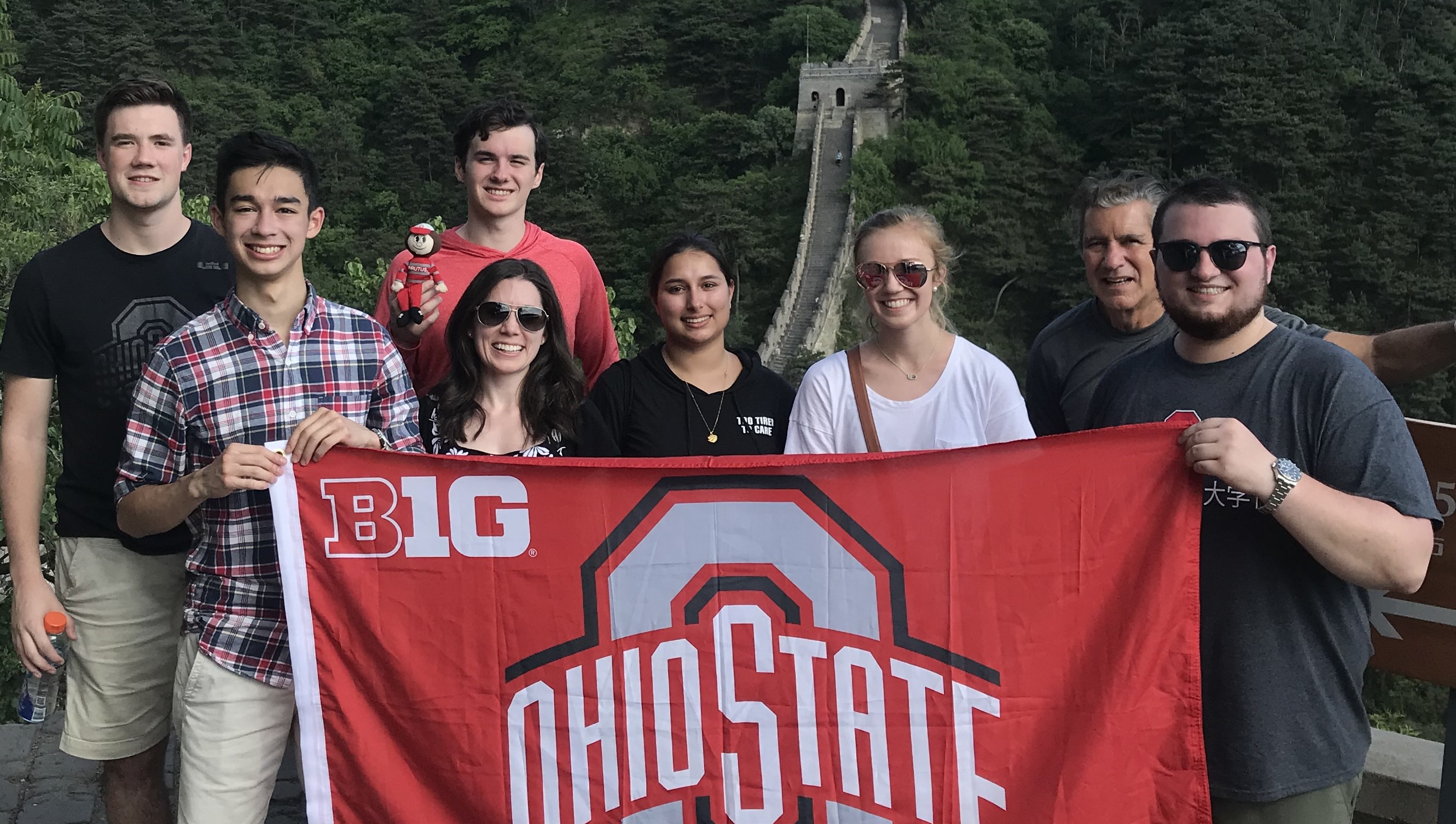 Ohio State Students with a BIG 10, Ohio State flag at the Great Wall of China