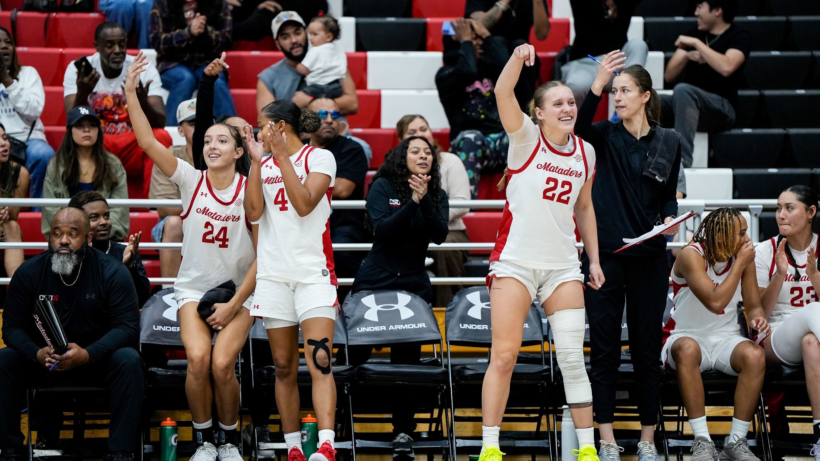 Women’s basketball players in white uniforms cheer together on the sideline.