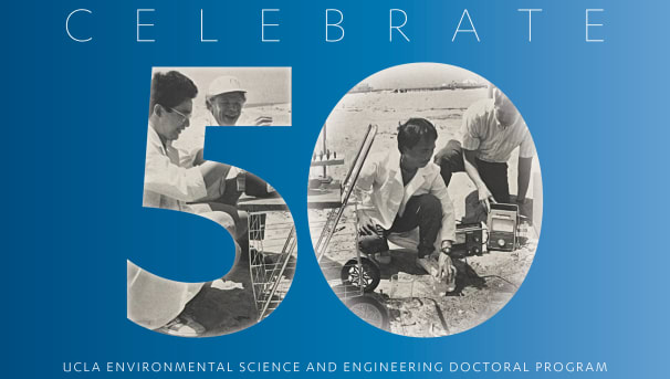 Large 50 graphic with a black and white images of scientists working inside.