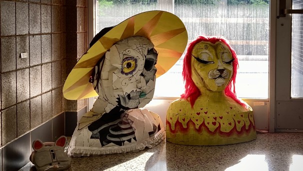 Artworks made by Foundations level students. The sculptures are made from painted cardboard.