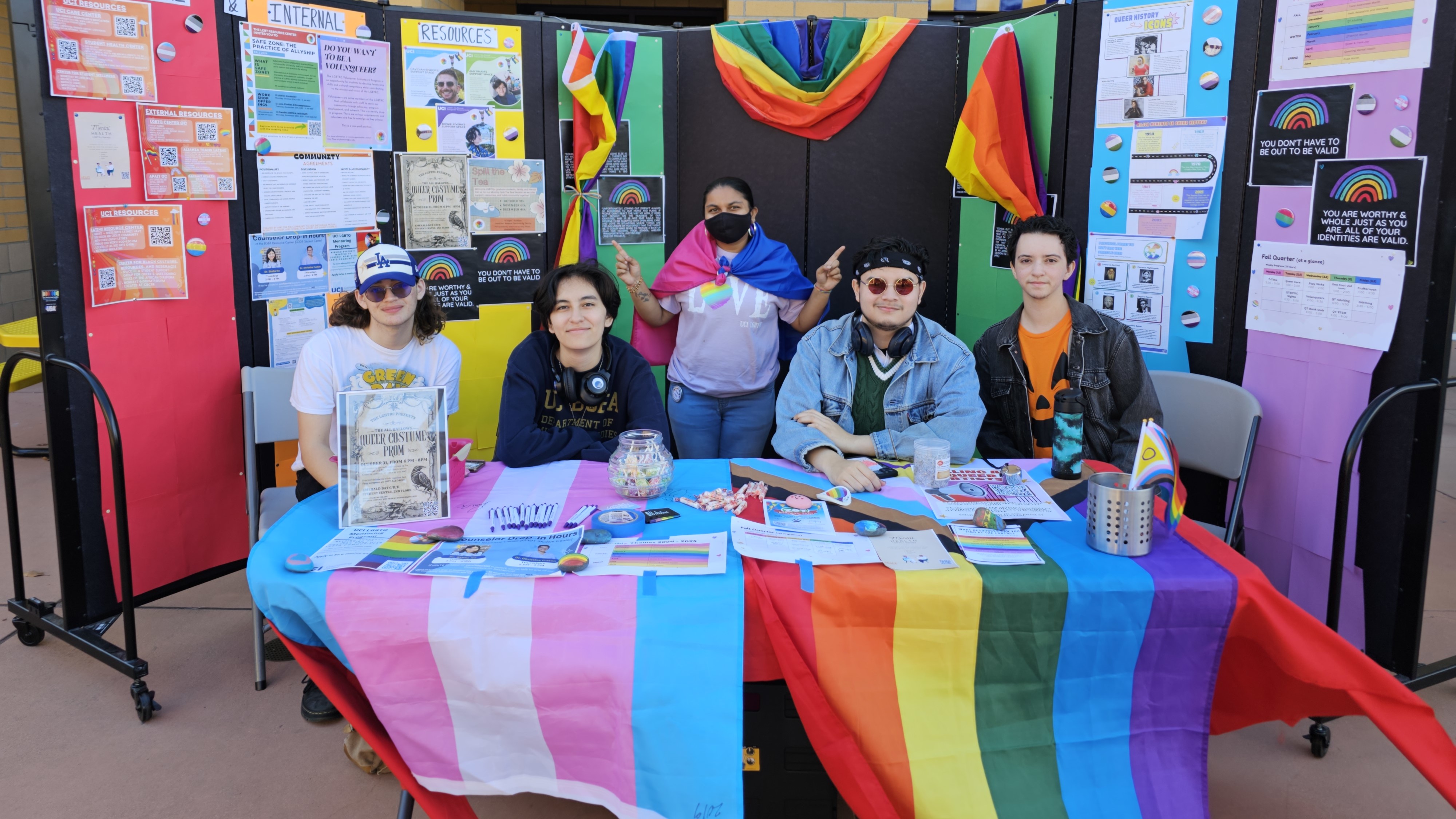 Members of the LGBT Resource Center posing with Zot hand signs alongside Peter the Anteater Mascot