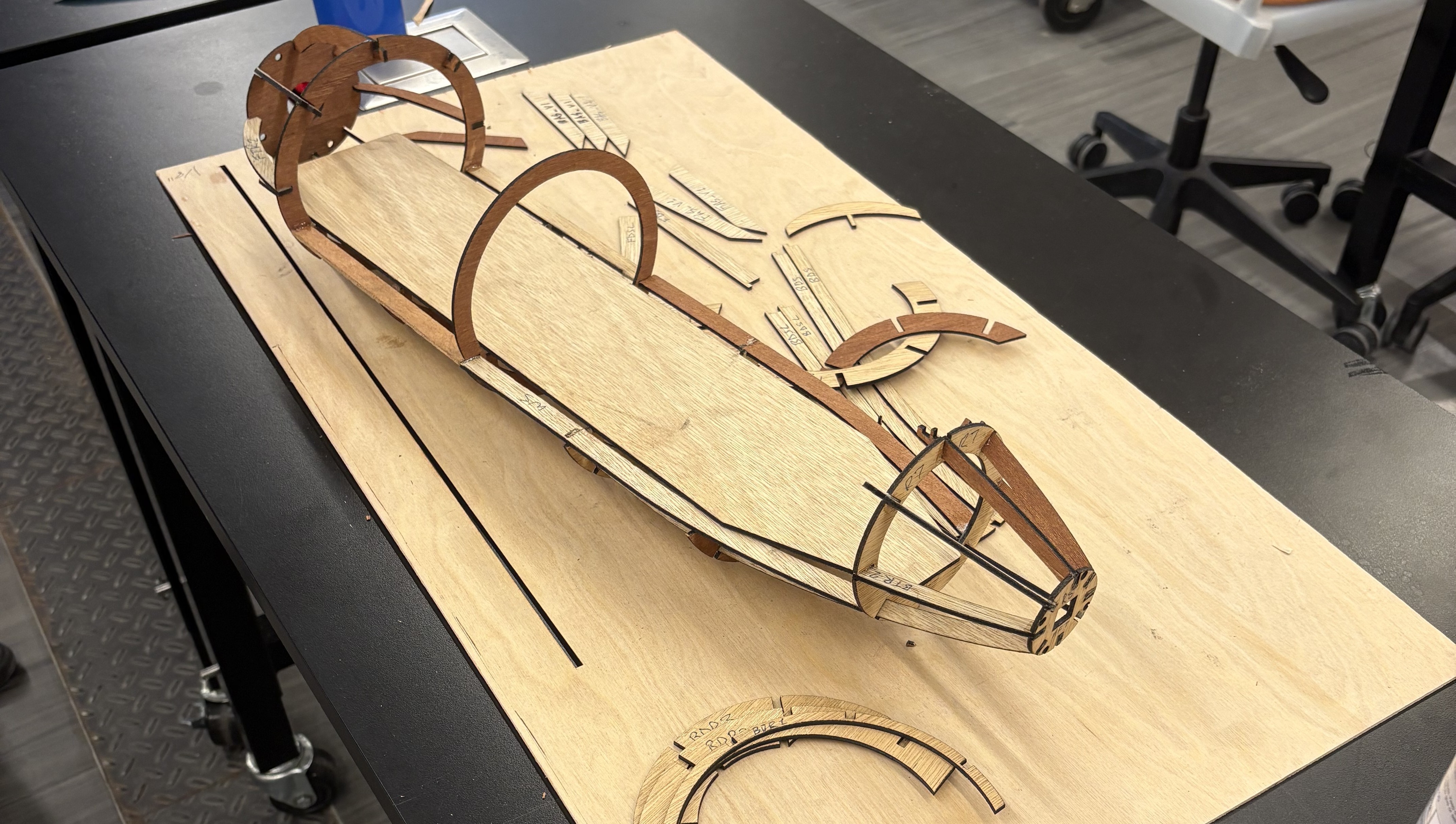 Framework of the plane on a work table.