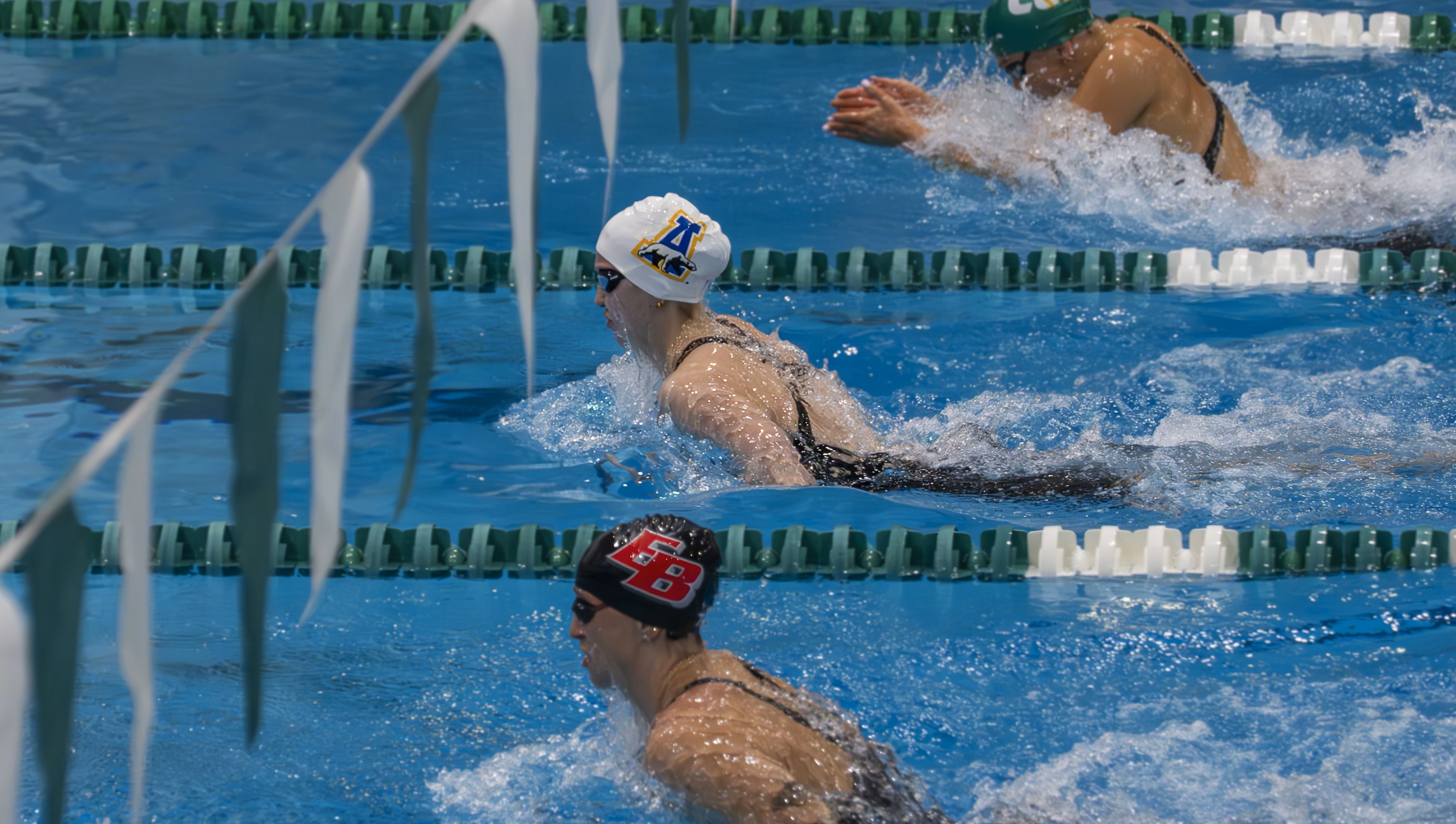 Nanook athlete competing at NCAA championships in the butterfly against 2 other athletes.