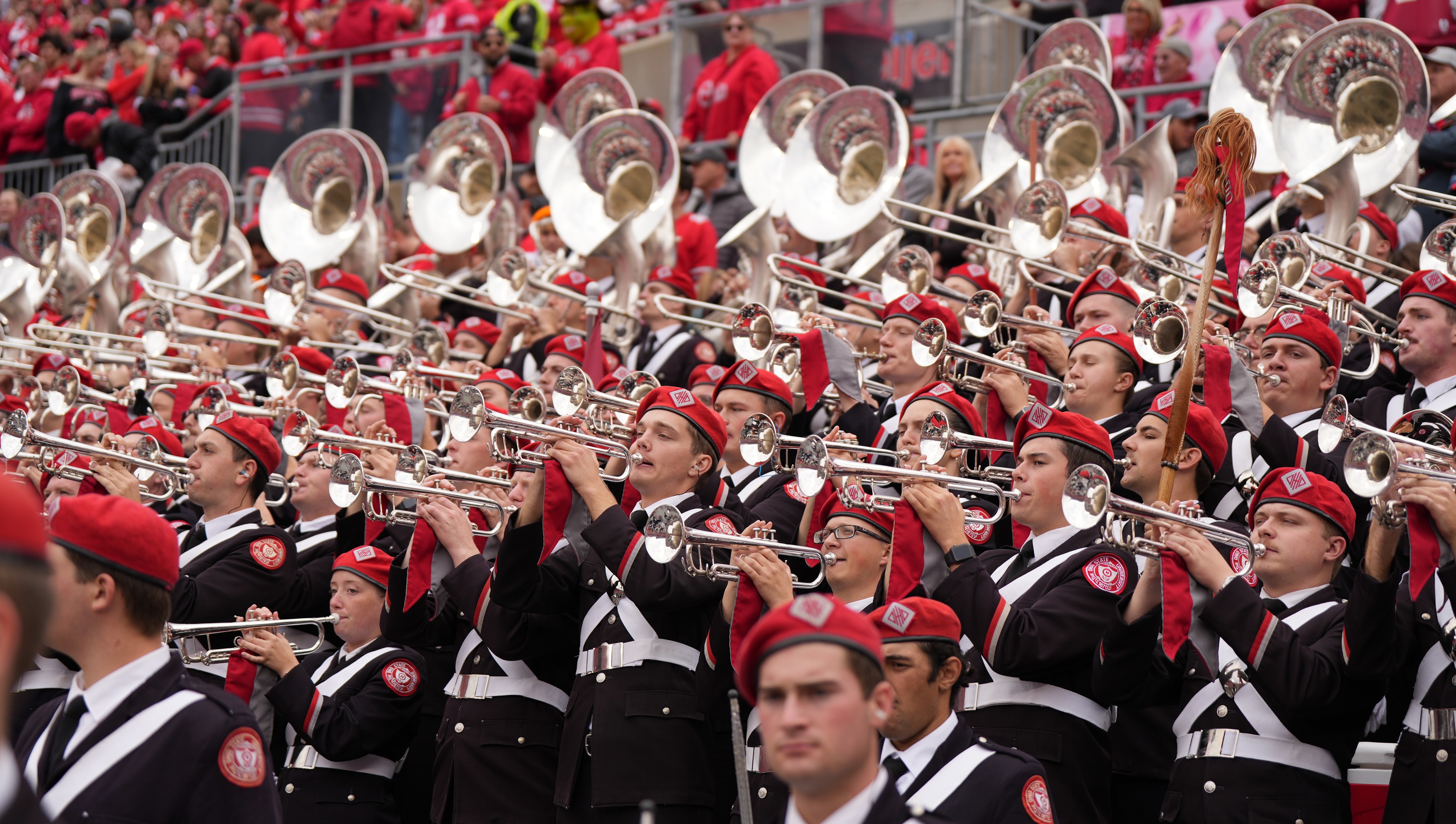 The Ohio State University Marching Band playing in the stands at Ohio Stadium
