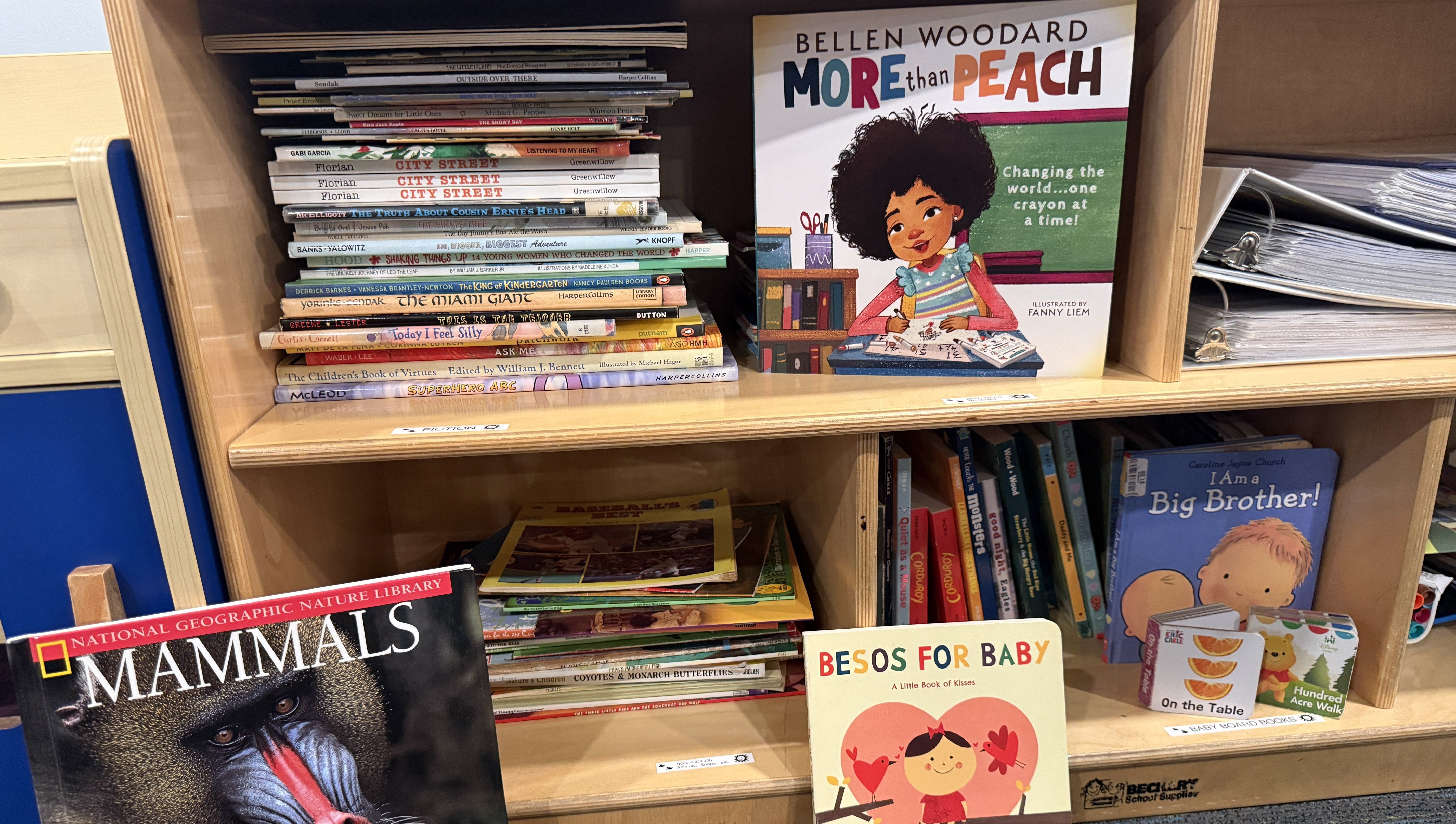 Library shelf stacked with books for youg readers.