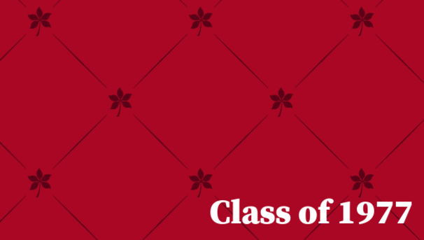Buckeye leaves on scarlet background with the words Class of 1977 written on top