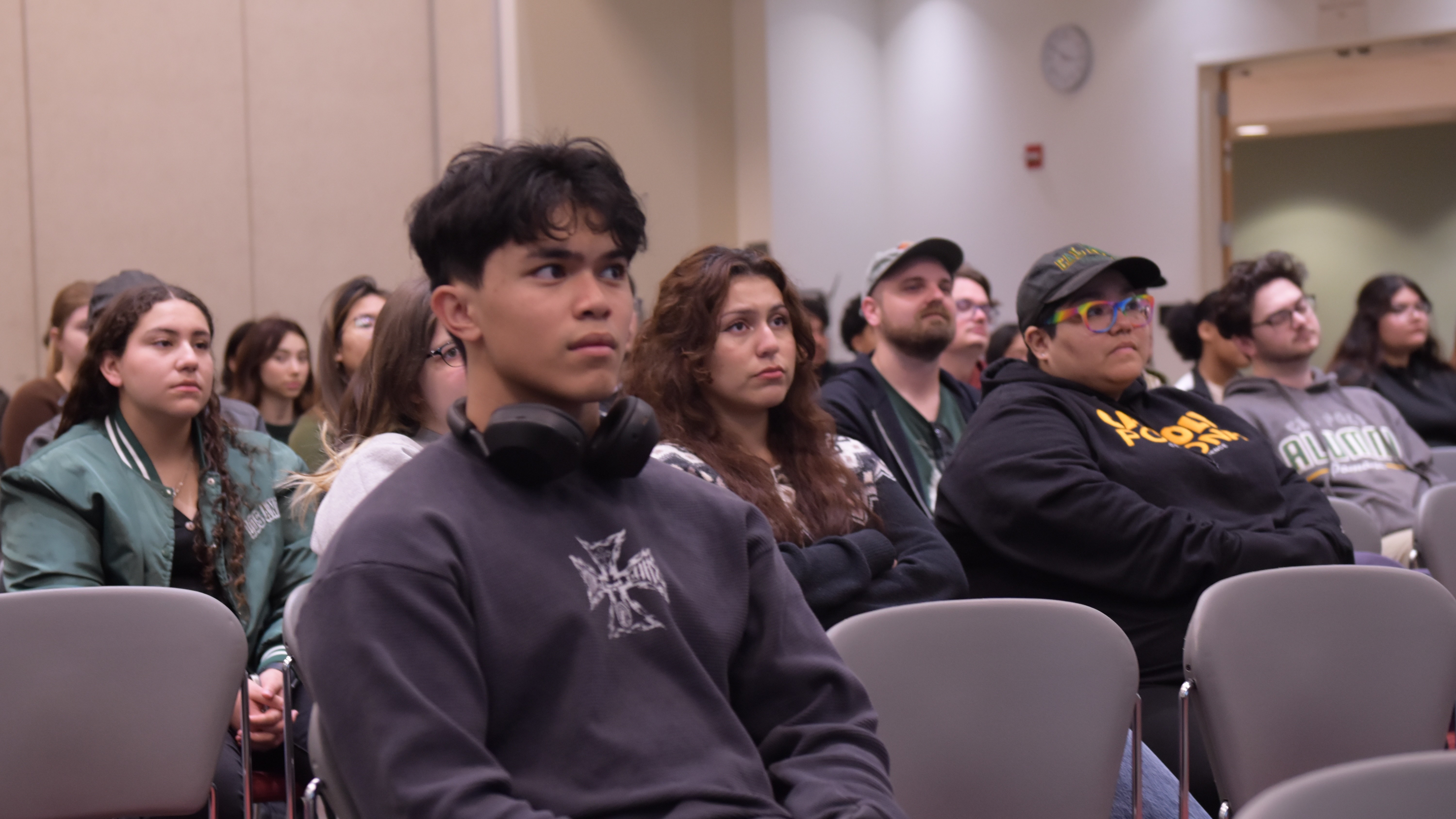 Students watch Dr Adrian Fisher II's seminar at Diverse Stories in STEM, Spring semester, 2024