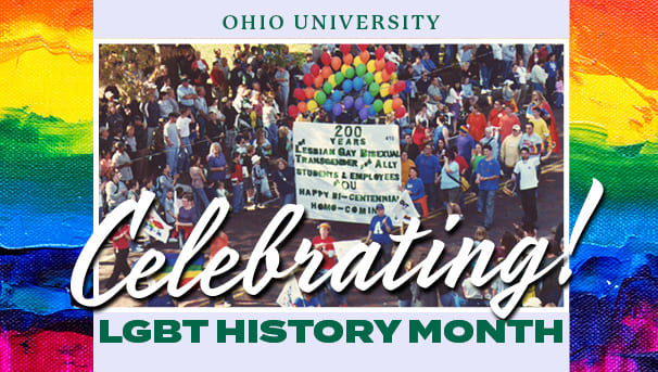 graphic for LGBT History Month which uses old Homecoming parade photo