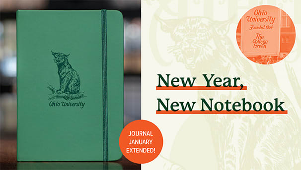 Image of green Bobcat journal and New Year New Notebook headline