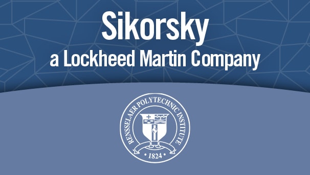 The words Sikorsky, a Lockheed Martin Company and the Rensselaer seal on a blue background