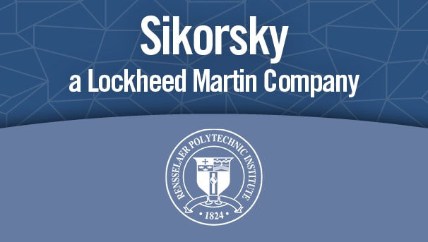 The words Sikorsky, a Lockheed Martin Company and the Rensselaer seal on a blue background