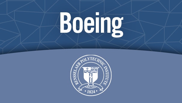 The word Boeing and the Rensselaer seal on a blue background