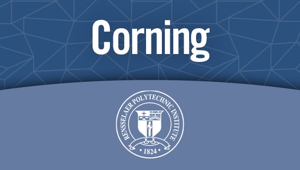 The word Corning and the Rensselaer seal on a blue background