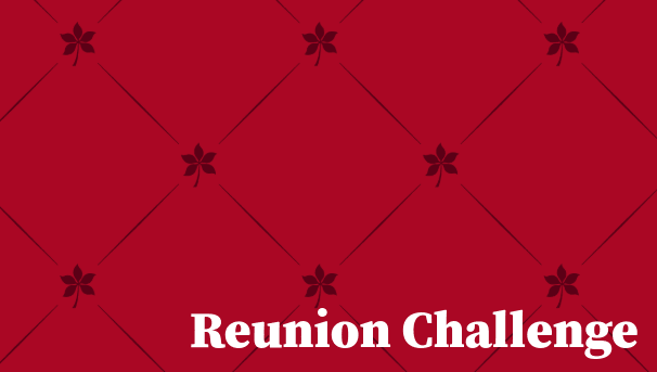 Buckeye leaves on scarlet background with the words Reunion Challenge written on top
