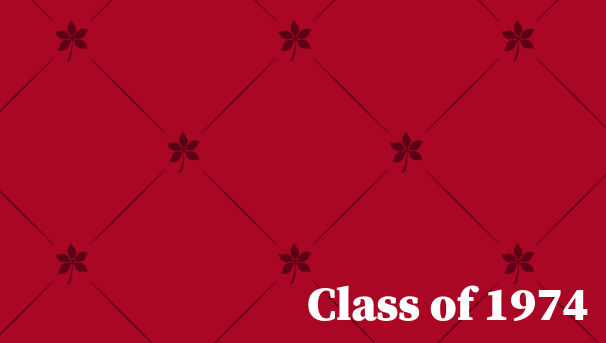 Buckeye leaves on scarlet background with the words Class of 1974 written on top