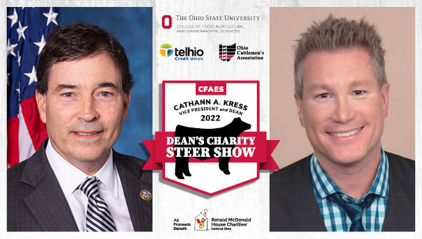 Troy Balderson and Joe Boxer's headshots with the 2022 Steer Show in between them