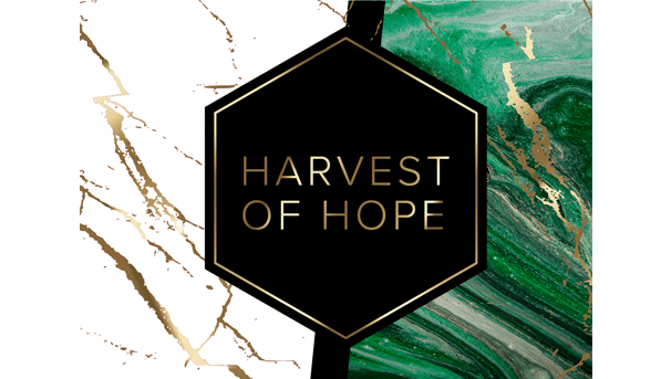 The Harvest of Hope logo against a half white and gold, half green, black, and white marbled design