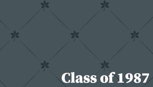 Buckeye leaves on gray background with the words Class of 1987 written on top