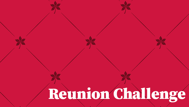 Buckeye leaves on scarlet background with the words Reunion Challenge written on top