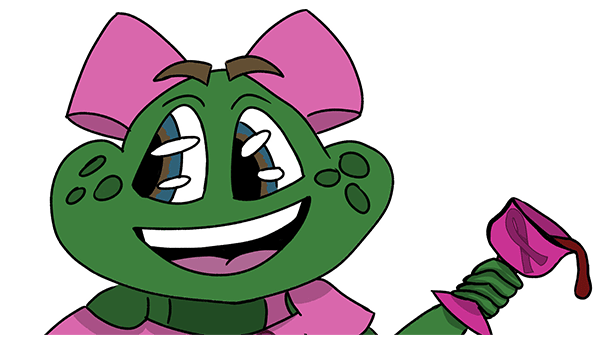 A drawing of a frog wearing a pink dress and bow. She holds a pink wine glass as it spills
