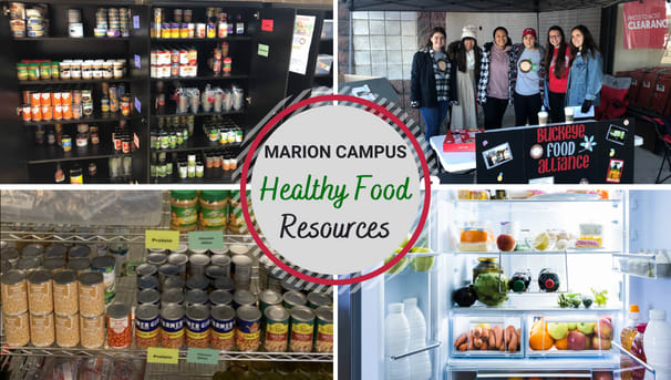 The Marion Campus Healthy Food Resources logo with pictures of food and volunteers behind it