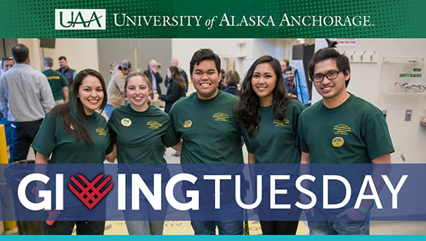 Five students posed smiling at the camera | UAA University of Alaska Anchorage Giving Tuesday