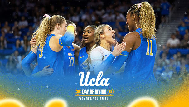 UCLA Women's Volleyball players celebrating together.