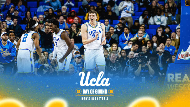 UCLA Men's Basketball teammates cheering and celebrating on the court.