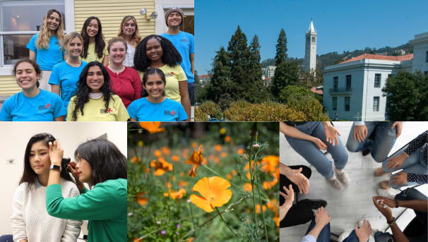 Collage image of UC Berkeley campus, UHS Health Workers, Primary Care appt, and Group Counseling.