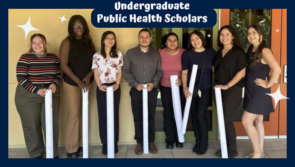 Eight students; seven students holding a poster tubes