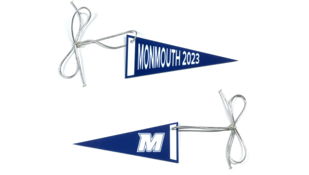 Pennant Ornament in Navy Blue with Silver Loop. Front says Monmouth 2023. Back has M spiritmark.