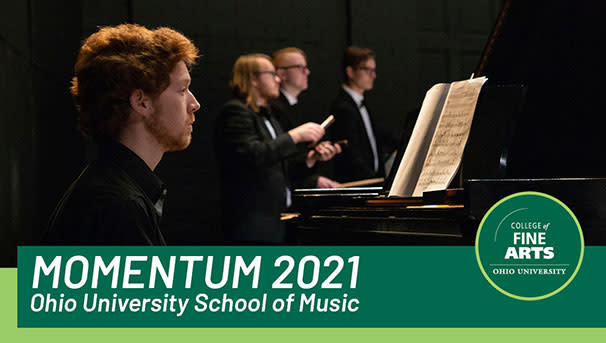 graphic that says Momentum 2021 OU School of Music with four musicians in the background