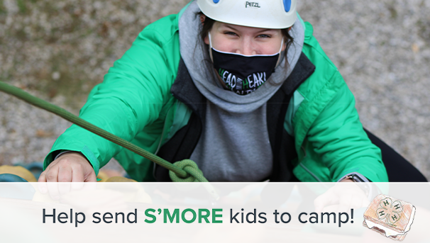 Person climbing rock wall in green coat and mask. Beneath reads Help send s'more kids to camp!