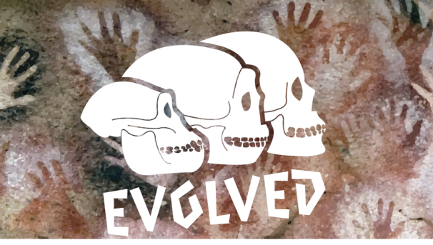 The Evolved logo with three different skulls. Behind them is a cave wall with handprints