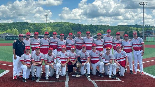 Baseball Club players at The Ohio State University posing for a team photo on a baseball field