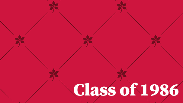 Buckeye leaves on scarlet background with the words Class of 1986 written on top