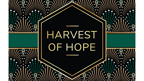 "HARVEST OF HOPE" in gold on a black hexagon with a green and gold art deco background