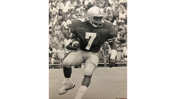A black and white photo of Sonny Gordon during his time at Ohio State Football