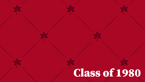 Buckeye leaves on scarlet background with the words Class of 1980 written on top