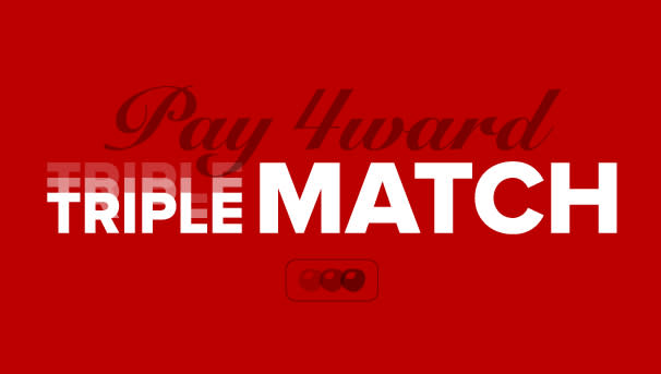 The Pay 4ward Triple Match logo against a scarlet background